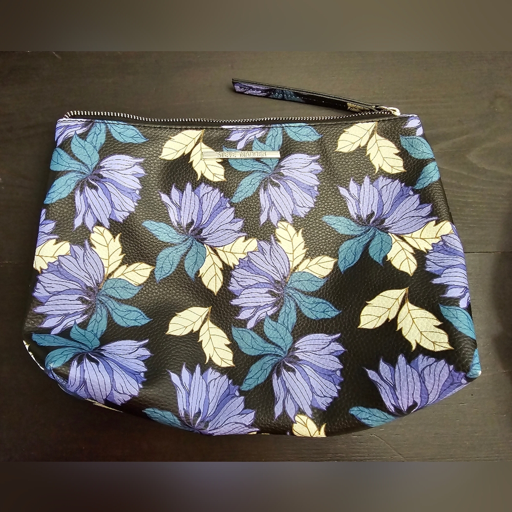 Steve Madden Floral Cosmetic Bag Clutch Bag Faux Leather Black W/Purple Flowers
